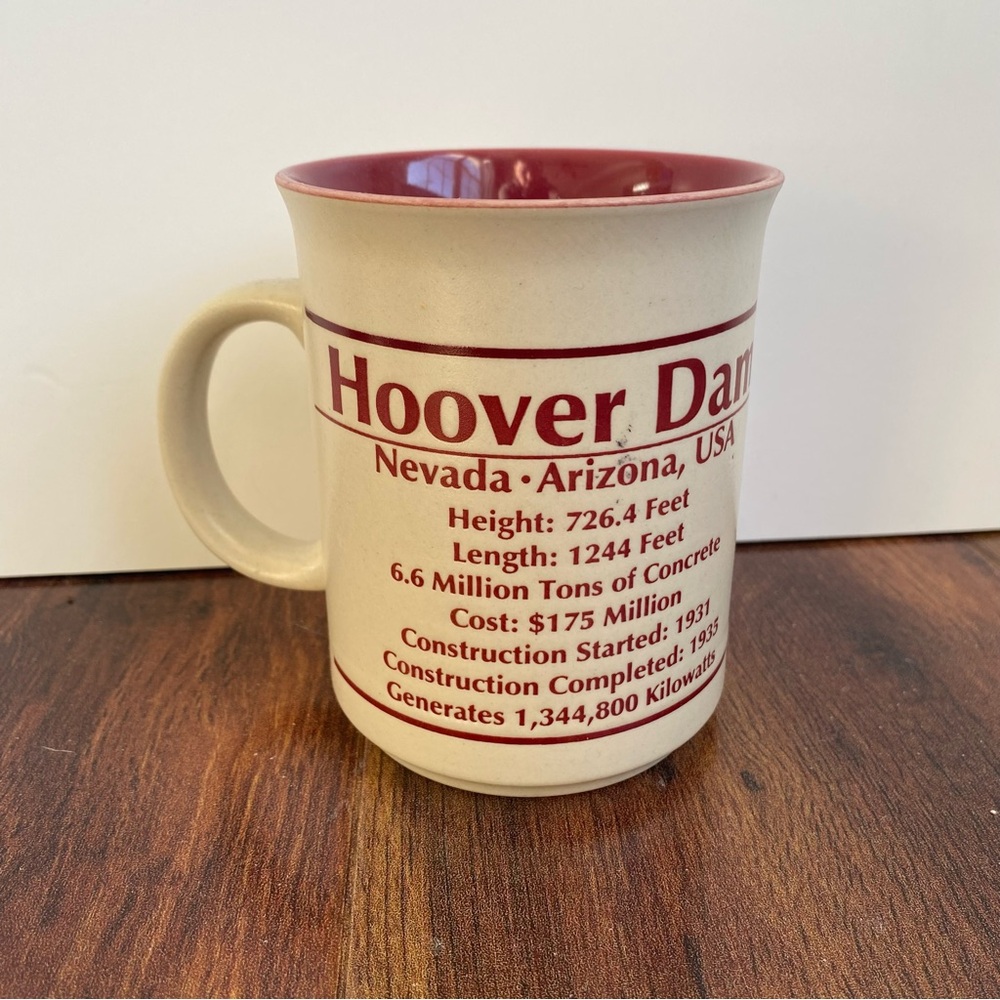 4/$20 Hoover Dam Stonewear Embossed Ceramic Mug Tan Red Fun Facts